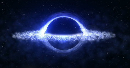 Bright black hole in open space with spinning energy particles, cosmic sphere in blue and purple color glowing abstract background.の写真素材