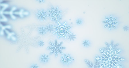 Christmas festive bright New Year background of blue glowing winter beautiful falling flying snowflakes patterns on white background.の写真素材