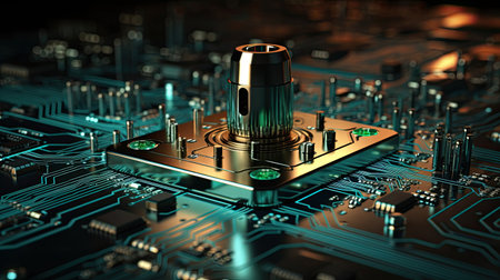 High tech computer chip motherboard with processor transistors microchips, computer IT data security concept, abstract background.の素材