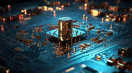 Modern computer board microcircuit microchip motherboard with processor and transistors electronics and computer components.の素材