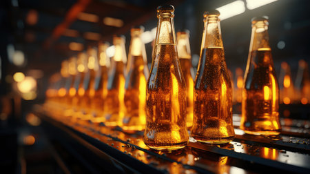 Glass beer bottles on a bottling conveyor line in a beverage brewery.の素材