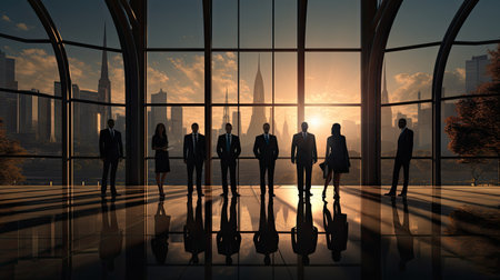 Silhouettes of people, businessmen, financiers, executives against the background of a panoramic window of a glass skyscraper in the office.の素材