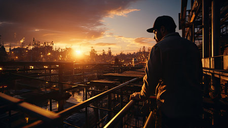 Male construction worker in orange vest uniform working at work on an industrial construction site at sunset.の素材