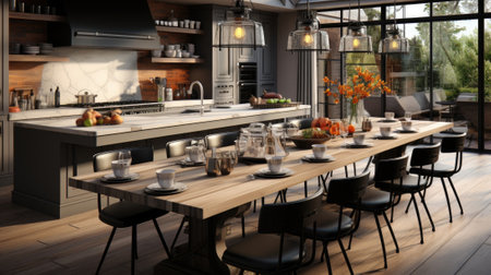 Interior design of a large modern kitchen with kitchen furniture and household appliances.の素材