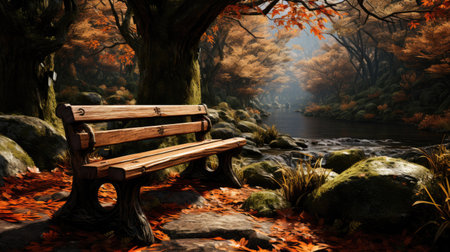 Wooden bench in the forest in the park in autumn.の素材