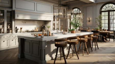 Interior design of a large modern kitchen with kitchen furniture and household appliances.の素材