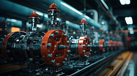 Flanges and pipe connections for pumps in the production room of an industrial technological plant.の素材