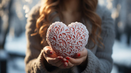 Snowy ice heart in frost in the hands of a beautiful young woman in winter for Christmas and New Year or Valentine's Day.の素材