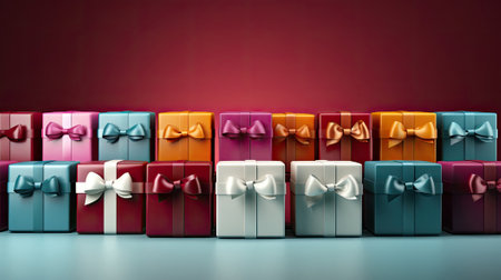 Gift boxes with a gift tied with a ribbon bow and an explosion of confitti fireworks, for Valentine's day, birthday or Christmas holiday New Year background.の素材