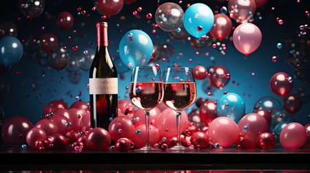 Two glasses and a bottle of champagne for toast and congratulations on Valentine's day, birthday or Christmas holiday New Year background with balloons and confetti fireworks.の素材