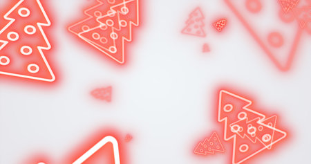 Christmas festive bright New Year background from red fir trees glowing winter beautiful falling flying patterns on a red background.の写真素材