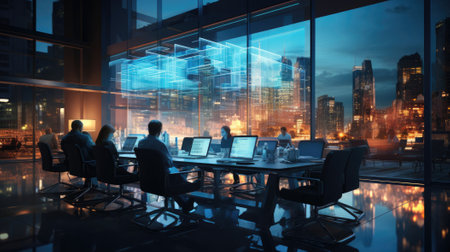 Business meeting and data analytics in a large modern digital company.の素材