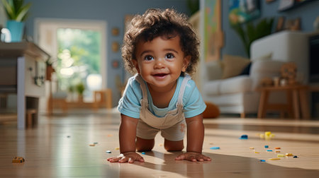 Little joyful child boy happy plays and crawls on the floor at home smiling and laughing.の素材