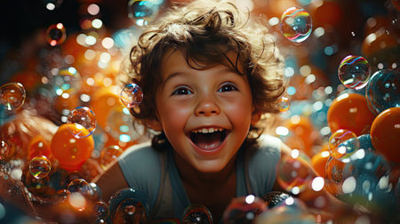 Little joyful child boy happy playing in bubbles and balls smiling and laughing.の素材