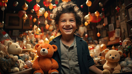 Little joyful child happy playing with toys at home smiling and laughing.の素材