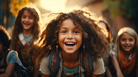 A group of happy children runs joyfully to school smiling and laughing.の素材