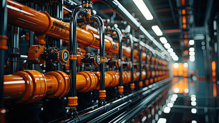 Metal pipes pipelines in a factory, industrial production line, industrial background.の素材