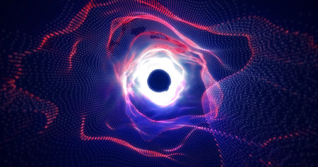 Abstract glowing light hi-tech energy purple blue tunnel frame of lines and particles tunnel futuristic, abstract background.の写真素材