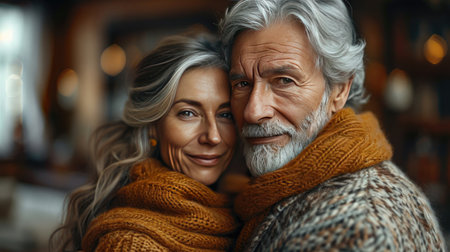 Close up portrait of a happy senior couple in warm clothes embracing each other.の素材