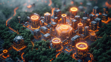 Futuristic city at night with road and lights.の素材