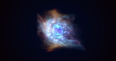 Energy blue glowing cosmic magic sphere, futuristic round high-tech ball bright atom made of...