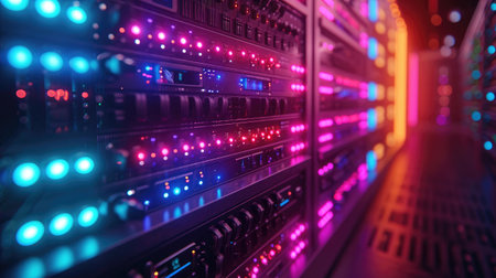 close up of network cables in data center with colorful lights.の素材
