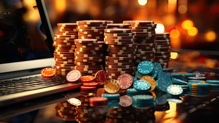 Casino theme, pile of golden and red casino chips, dice and laptop on dark background.の素材