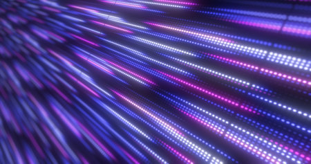 Abstract bright purple background pattern of flying lines of dots and glowing circles of futuristic digital energy magical bright particles.の写真素材