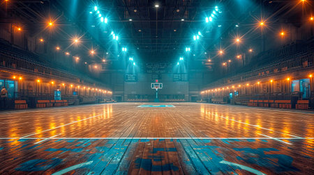 Empty basketball court in the rays of light with a stadium and a hoop for playing basketball.の素材