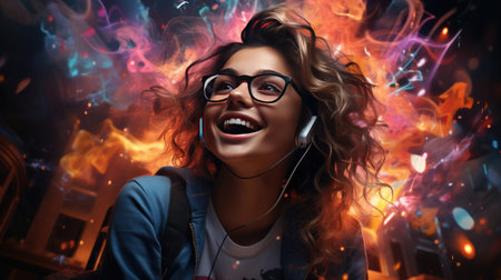 Beautiful Afro American girl is using a laptop and smiling while sitting in the night club.の素材