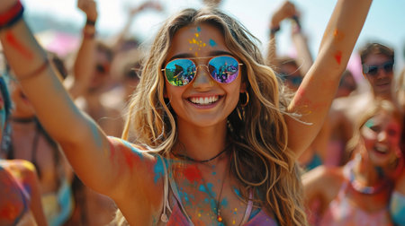 Image of joyful young woman in sunglasses having fun at music festival.の素材