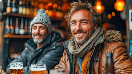 Portrait of two men drinking beer and having fun in a pub.の素材