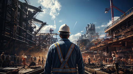 Engineer in front of the construction site, construction worker at work.の素材