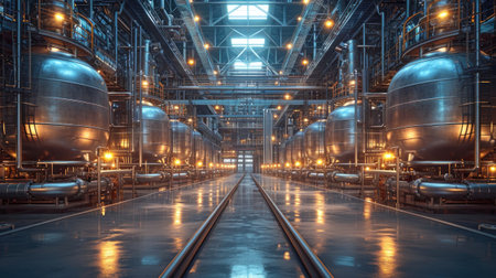 Industrial zone, Steel pipelines and cables in blue tones, oil refining petrochemical equipment and heat exchanger tanks.の素材