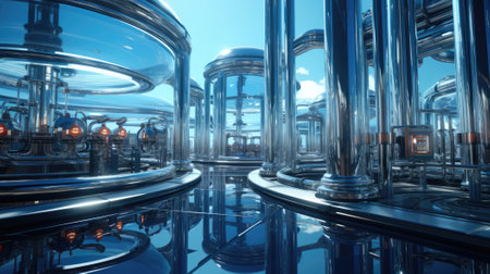 Futuristic high-tech industrial plant with modern equipment pipes and columns.の素材