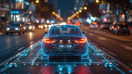 Modern electric car autonomous with autopilot, car on the road in the city at night.の素材