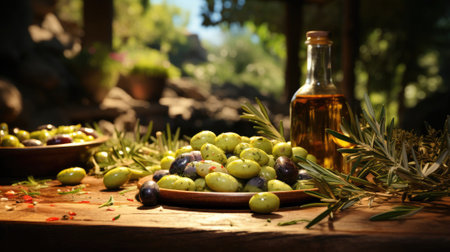 Olive oil and olives on a wooden table in the garden.の素材