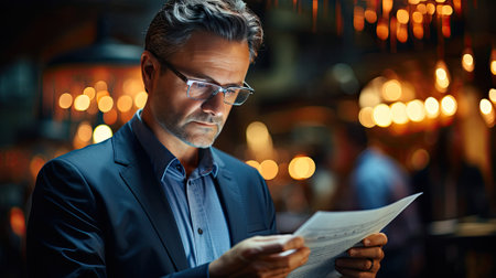 Elegant businessman in eyeglasses reading documents in his shop.の素材