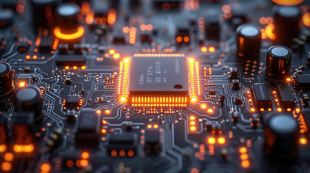 Close-up of electronic circuit board with microchips.の素材