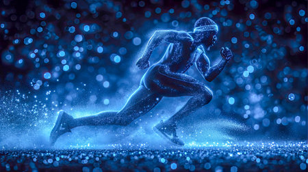 Sportsman runner running fast in an abstract energy blue light.の素材
