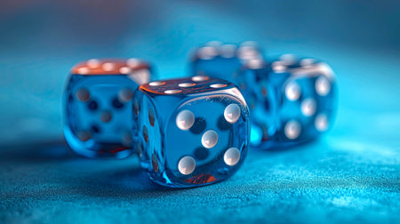 Close up of blue dice on a reflective surface with bokeh background.の素材