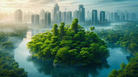 Cityscape with green bush and sunset sky background, natural eco city landscape.の素材