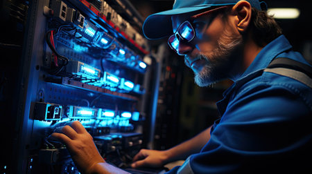 Portrait of a male electrician working on an electrical panel. Technician working of the engineer.の素材