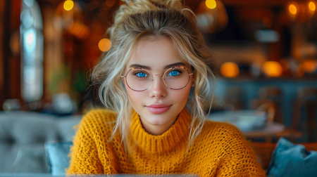 Portrait of a beautiful young woman in a yellow sweater and glasses.の素材