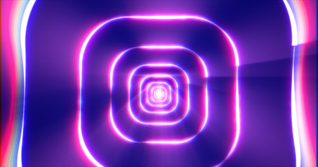 Purple energy digital square rectangle tunnel frame made of lines and dots futuristic magical glowing bright. Abstract background.の写真素材