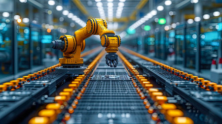 Smart industry robot arms for digital factory production technology showing automation manufacturing process of the Industry 4.0 or 4th industrial revolution and IOT software to control operation.の素材