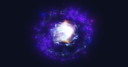 Spinning purple energy sphere digital atom hi-tech ball futuristic magic circle glowing bright force...