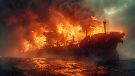 Burning oil tanker in the middle of the sea.の素材