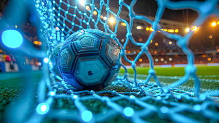 Soccer ball on the grass with bokeh lights background.の素材