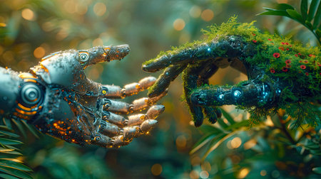 Hands of a man with a robotic arm in the forest, future eco concept.の素材